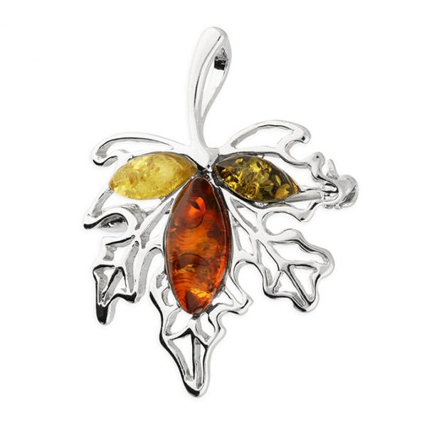 Silver and Mixed Amber Maple Leaf Pendant