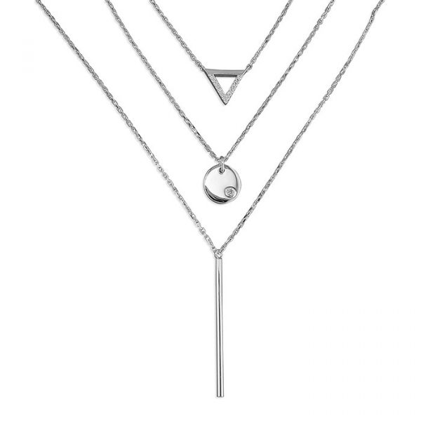 Silver Triangle, Disc, Bar Triple Necklace