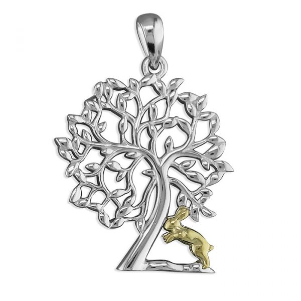 silver and gold-plated rabbit under tree pendent