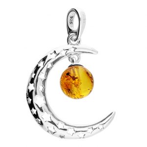 Silver Crescent Moon and Amber Bead Pendant